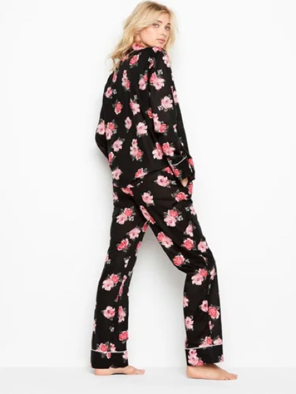 Victoria's Secret Black Pajama Set with Pink and Red Roses